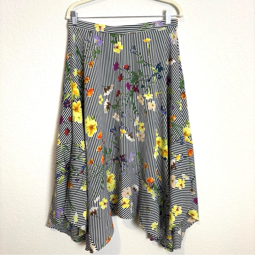 Calvin Klein Black Striped Asymmetrical Floral Midi Skirt Women’s Medium Garden
